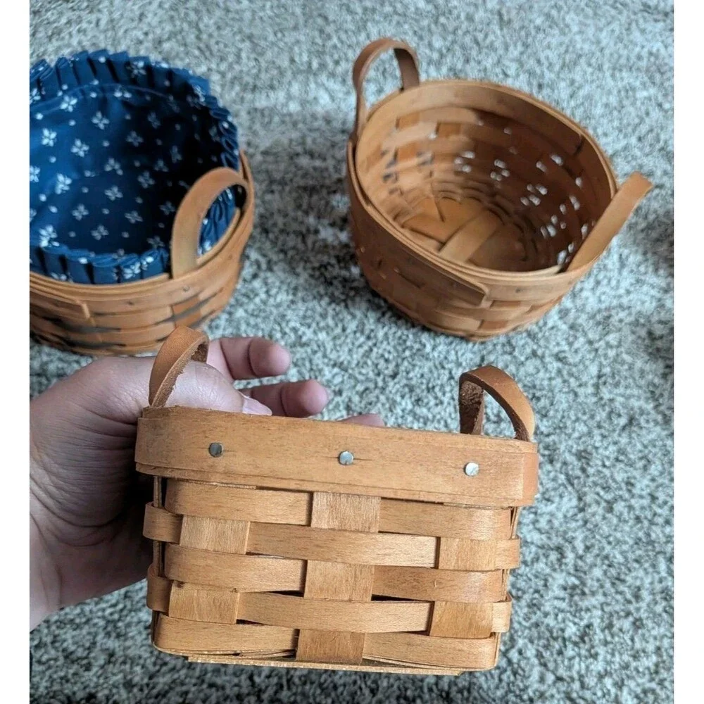 Vintage Longaberger Basket Lot of 3 1990s Signed Leather Handles & Liner USA